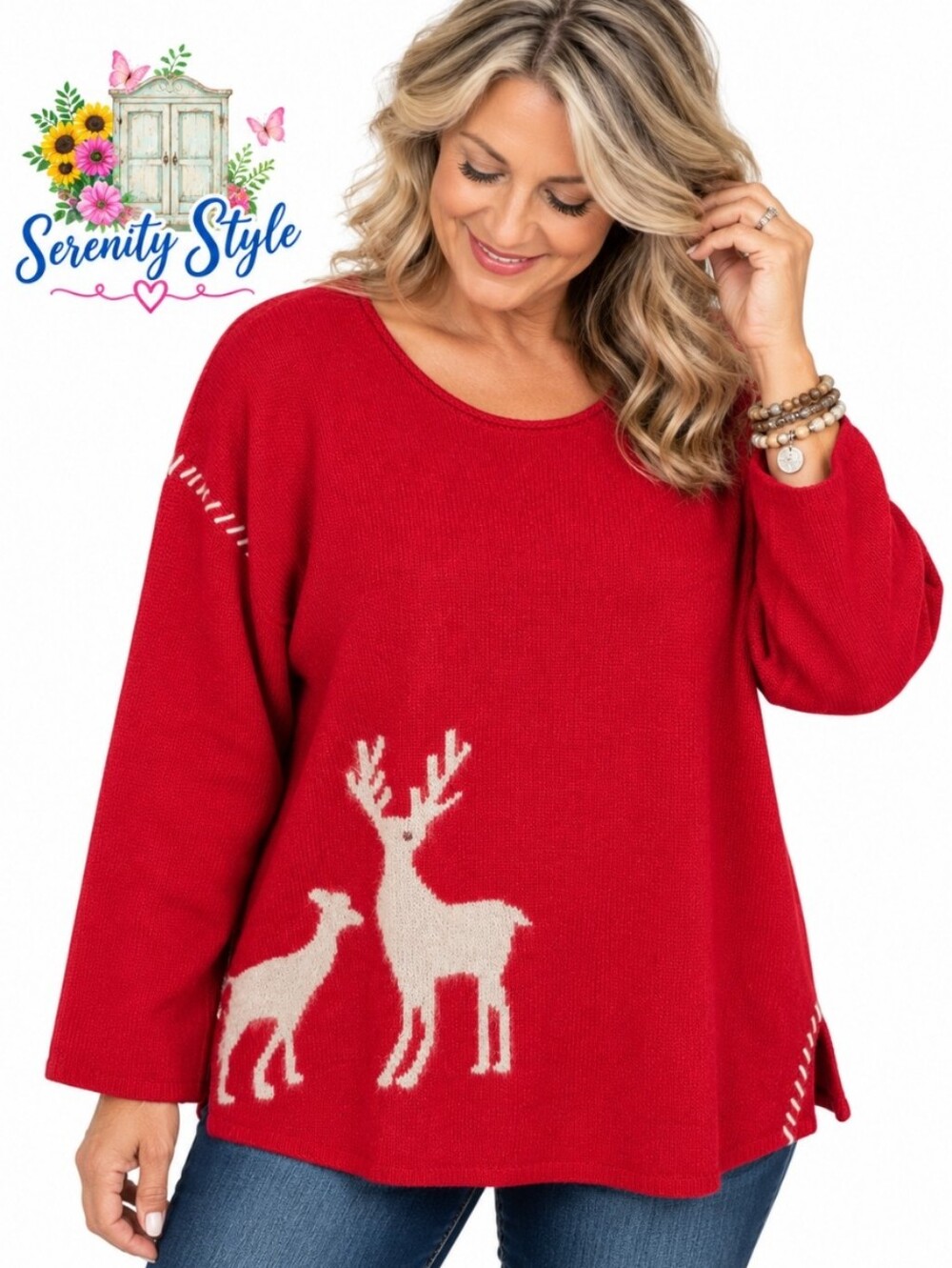 J. Jill Women’s Red Reindeer Knit Sweater Size 1X Holiday Christmas